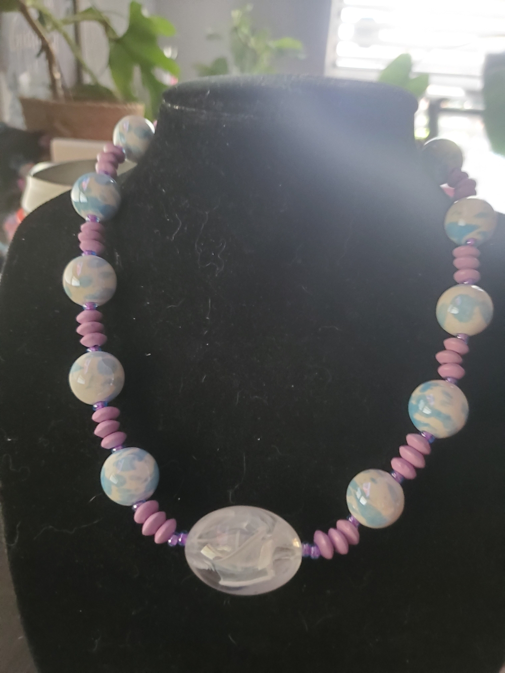 Lavender and Blue Marbled Beaded Necklace